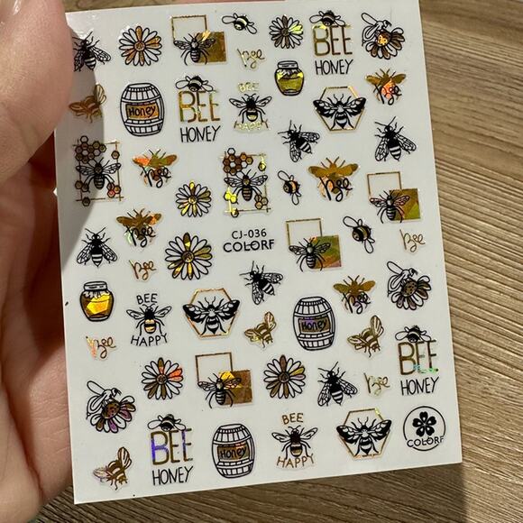 3D Nail Art Stickers! Holographic Gold Black Flowers, Love, Bee, Honey Designs - Picture 5 of 5